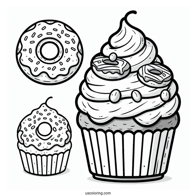 Coloring Page Of Cupcake With Donut To Color