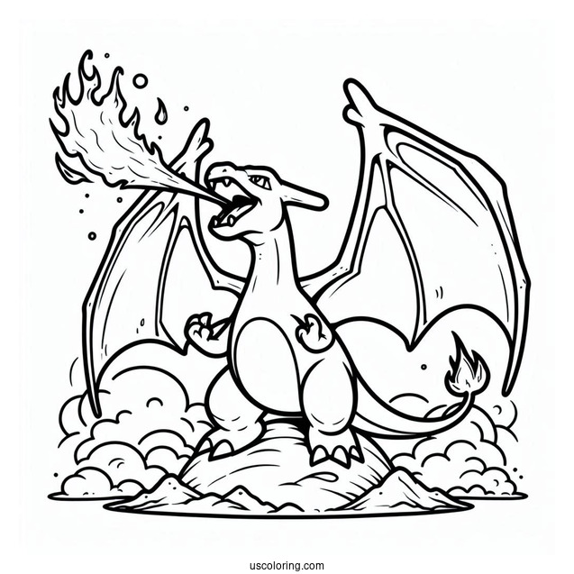 Coloring Page Of Charizard Breathing Fire In The Sky