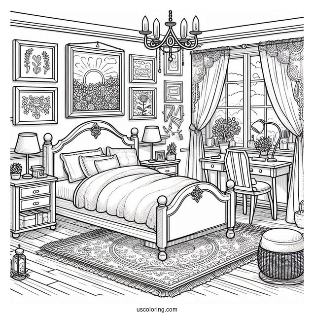 Sunny Bedroom Coloring Page With A Double Bed, Side Desks, Paintings, And Rugs