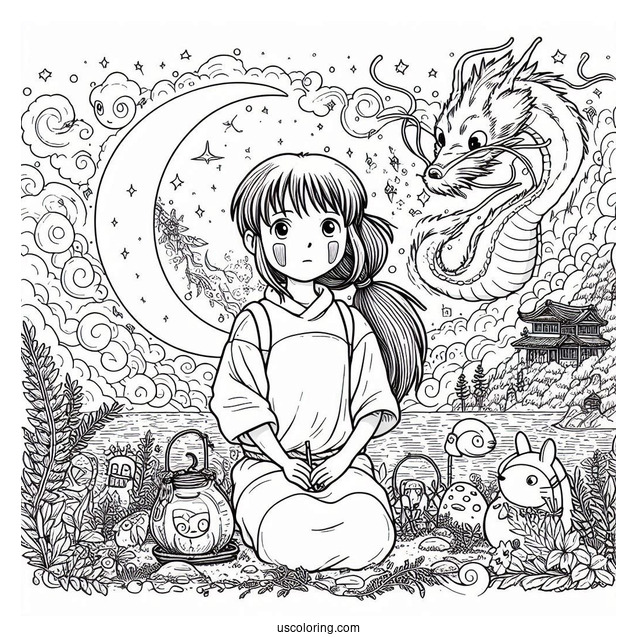 Studio Ghibli Coloring Page of Spirited Away Chihiro In The Spirit World