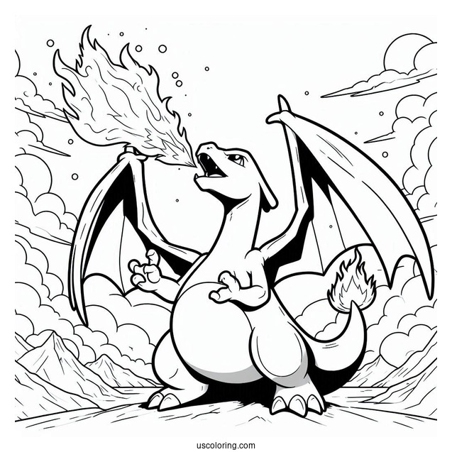 Coloring Page Of Charizard Breathing Fire In The Sky