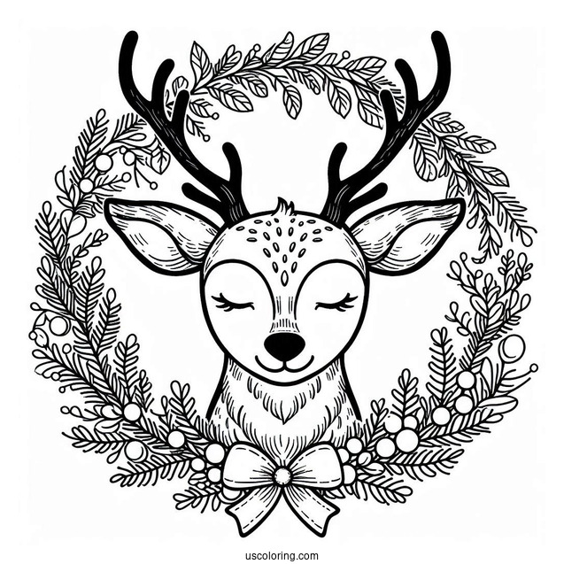 Reindeer In Christmas Wreath To Color