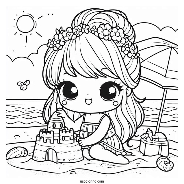 Playful Chibi Coloring Page Kid Building a Sandcastle on the Beach