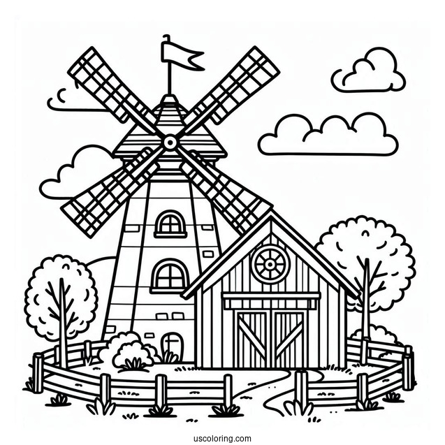 Easy Farm And Windmill To Color
