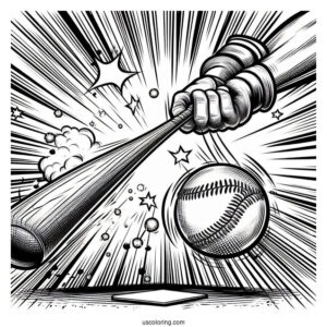 Powerful Baseball Coloring Page Of Swing with Comic Effect