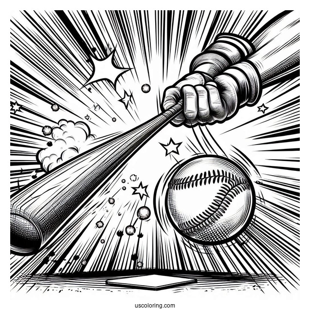 Powerful Baseball Coloring Page Of Swing with Comic Effect