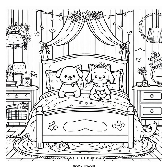 Bedroom Coloring Page Of Dog And Cat Resting On A Bed For Kids