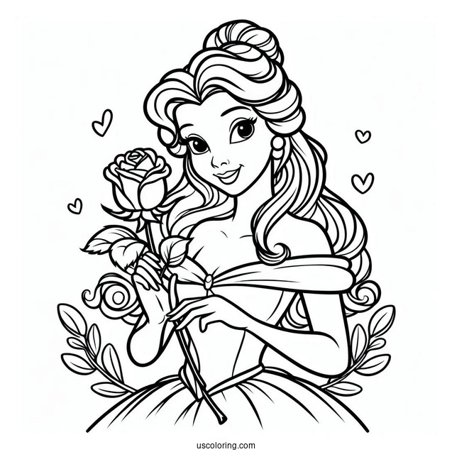 Simple Outline Of Princess Belle Holding a Rose