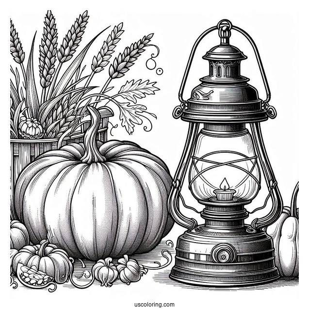 Pumpkin Coloring Page Beside A Vintage Lamp