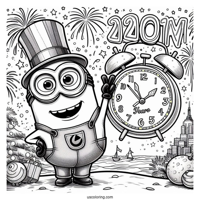 Cute Minion Waving While The Clock Strikes Twelve On New Year Coloring Page