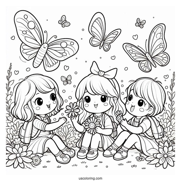 Three Children Enjoying The Butterflies