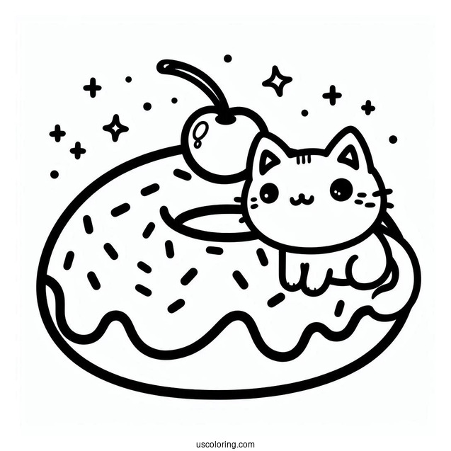 Cat Themed Kawaii Donut Coloring Page