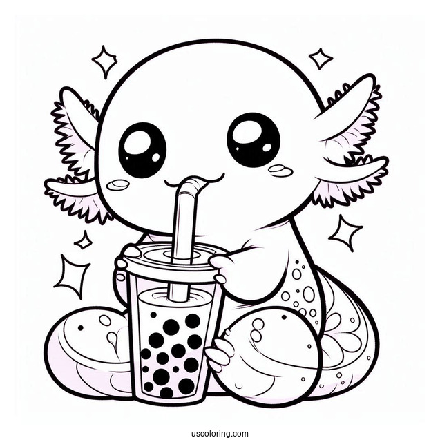 Cute Coloring Page Of Axolotl Drinking A Boba Tea