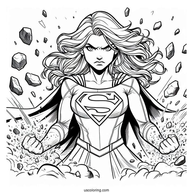 Angry Supergirl Coloring Page Kara Zor El With Rocks Flying Around