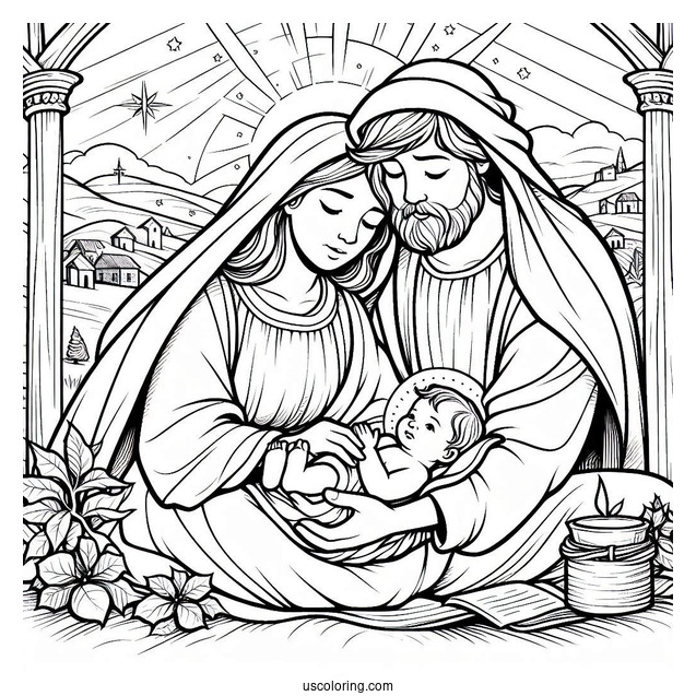 Nativity Coloring Page Of Mary And Joseph Cradling Newborn Jesus