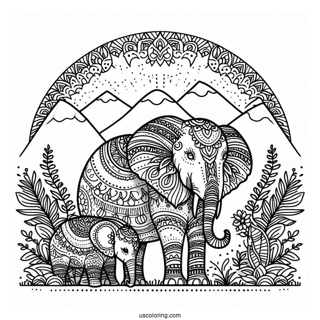 Mandala Elephant Standing Next To Mountain