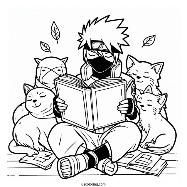 Kakashi Coloring Page Reading While Pakun And The Pack Sleeps Around Him
