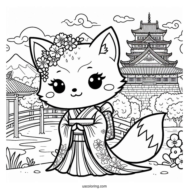 Fox Coloring Page in Kimono In Front Of Japanese Castle