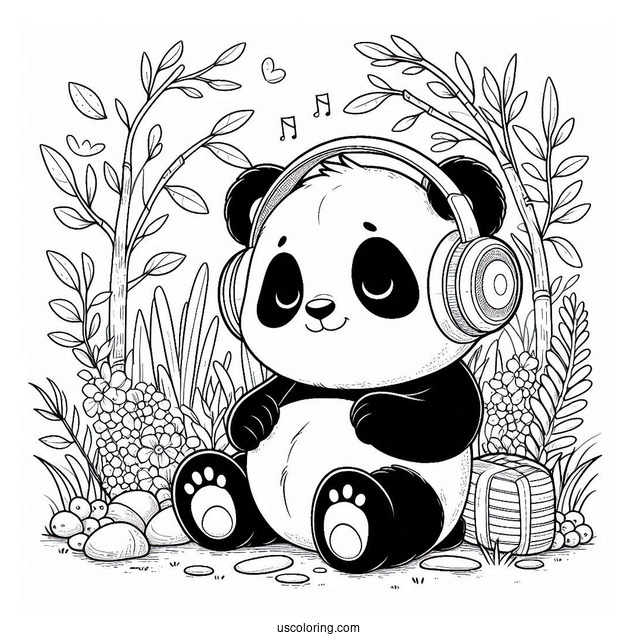 Cool Panda Coloring Page Listening to Music with Headphones in the Garden