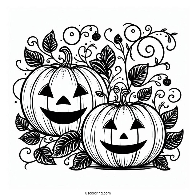 Pumpkin Coloring Page Two Jack O Lantern With Vines