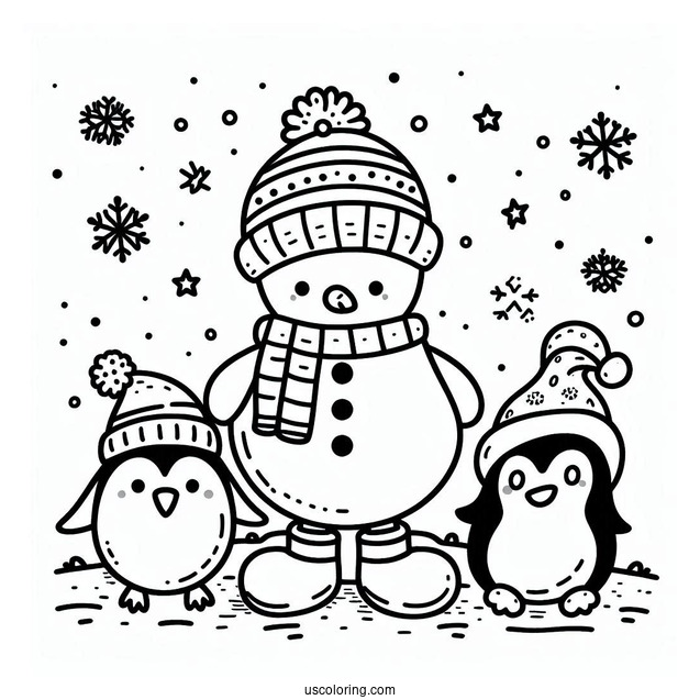 Cute Penguin And Snowman To Color