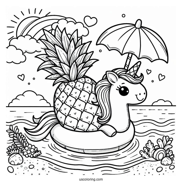 Summer Coloring Page Of Cheerful Pineapple On A Unicorn Floatie