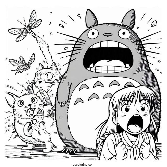 Studio Ghibli Coloring Page of Totoro, Catbus, Mei, And Satsuki Screaming