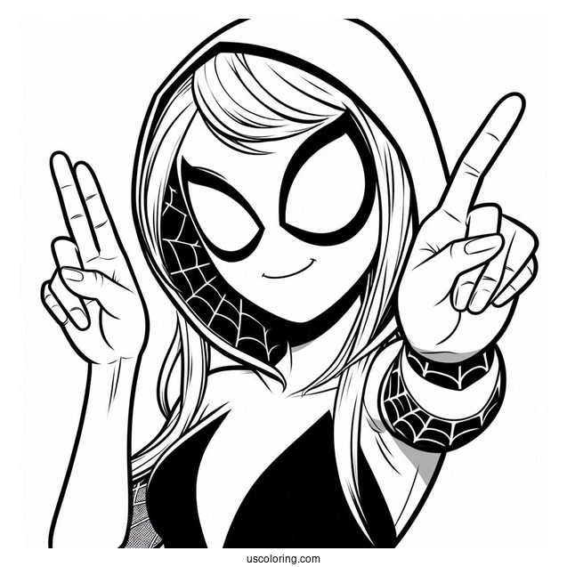 Simple Spider-Gwen Coloring Page Doing Peace Sign For Kids