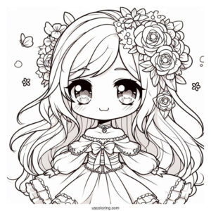 Chibi Anime Girl With Flower In Her Hair Coloring Sheet