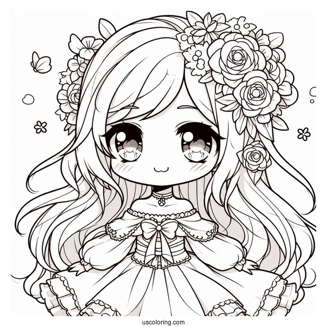 Chibi Anime Girl With Flower In Her Hair Coloring Sheet