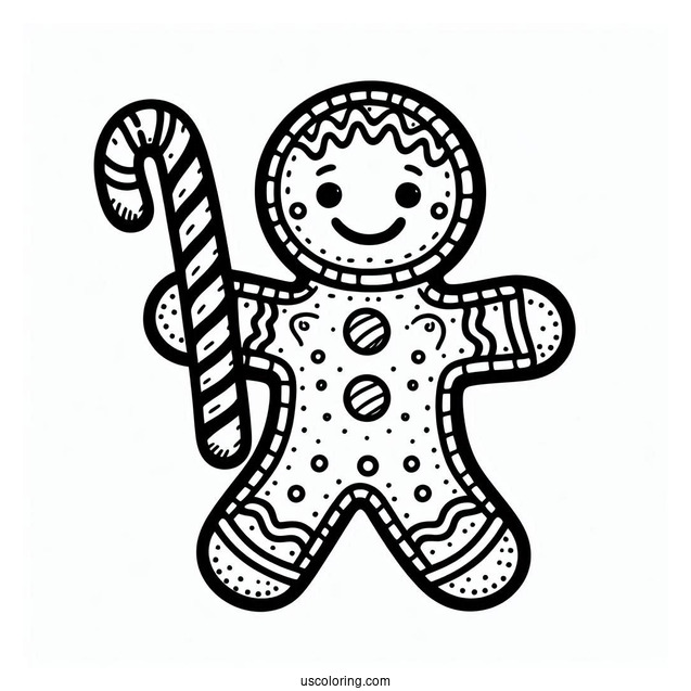 Gingerbread Man With Candy Cane Coloring Page For Preschoolers