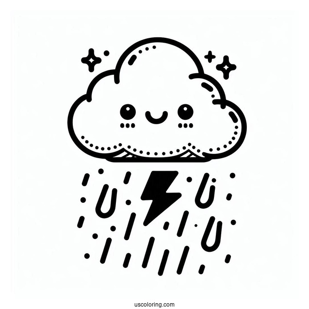 Simple Cloud with Rain Coloring Page And Thunder For Kids