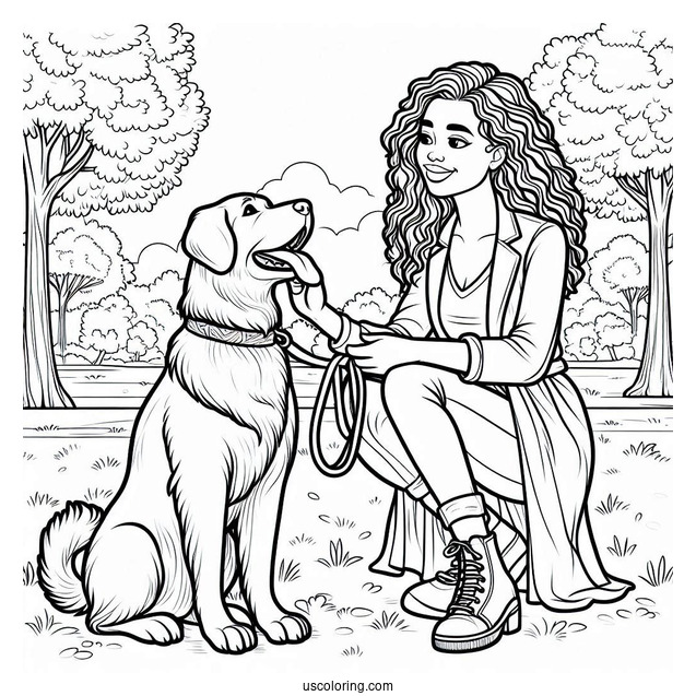 Woman Playing With Large Dog In Park Coloring Sheet
