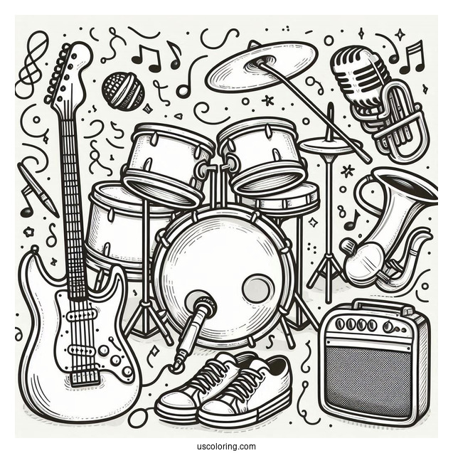 Music Coloring Page Of Electric Guitar, Drum, Trumpet, Saxophone, And Microphone