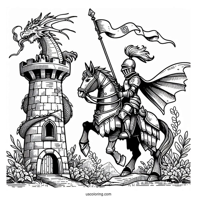 Coloring Page Of Knight With Dragon On Tower