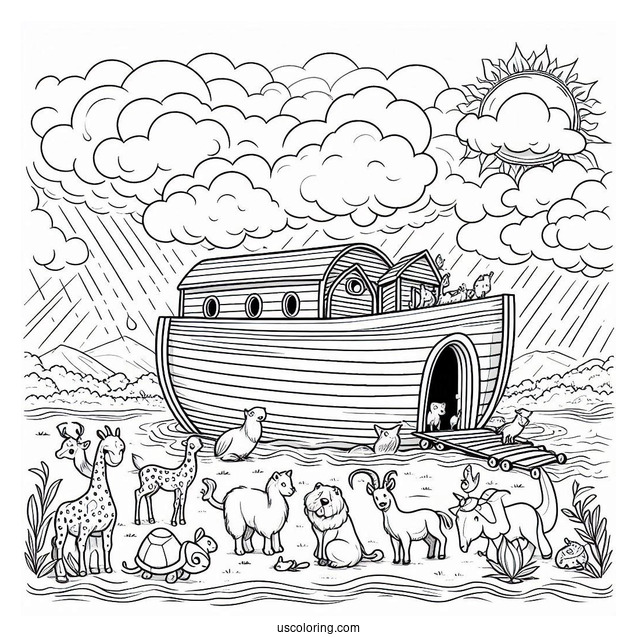 Noah's Ark Coloring Page With The Animals Outside The Ark