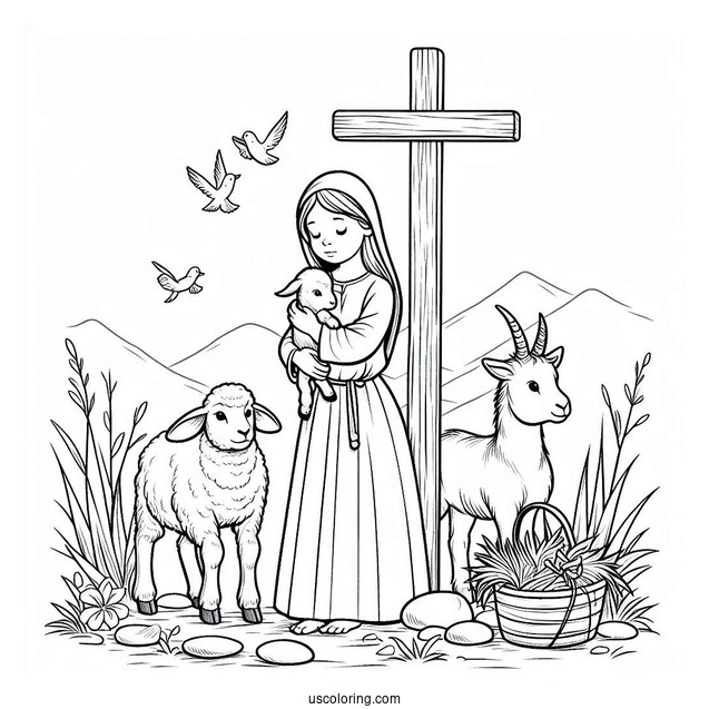 Goat, Lamb, And Donkey Under A Wooden Cross Coloring Page For Kids