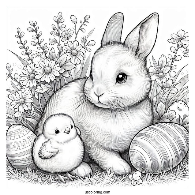 Easter Coloring Page Of Realistic Bunny And Chick On The Grass With Easter Eggs