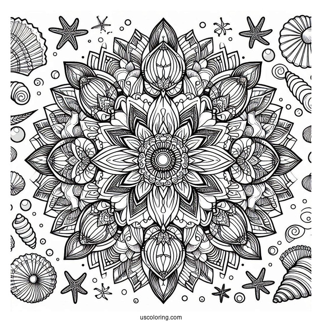 Beach Coloring Page Mandala With Seashells