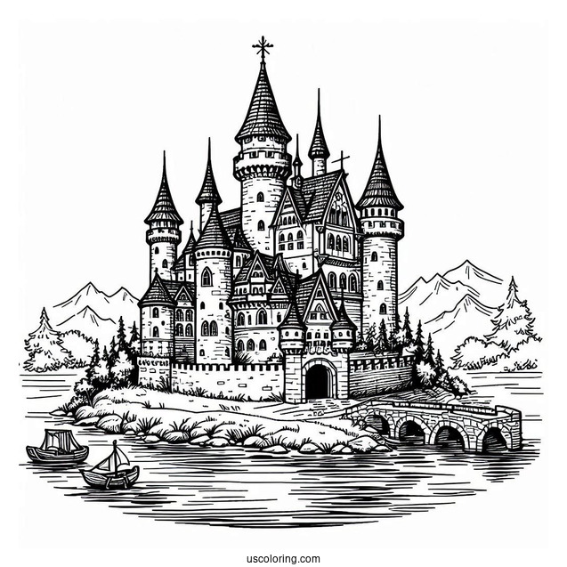 Medieval Castle Coloring Page With Moat