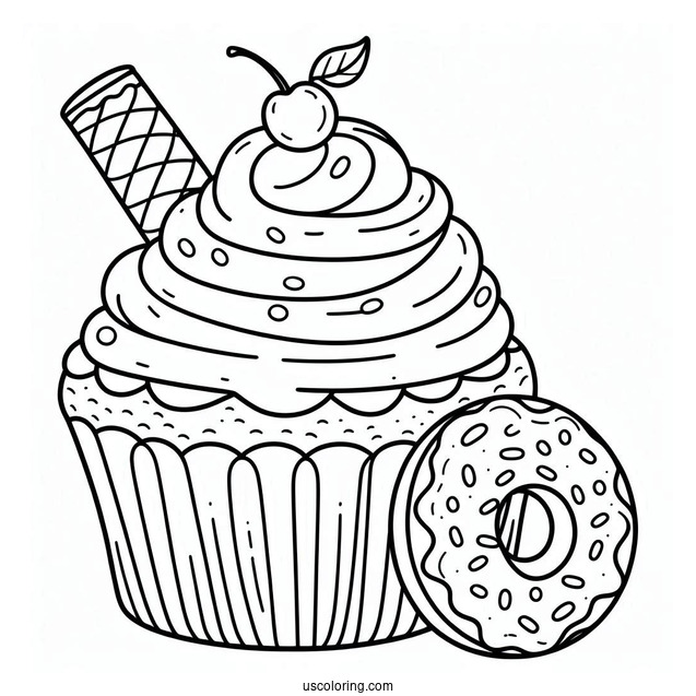 Coloring Page Of Cupcake With Donut To Color