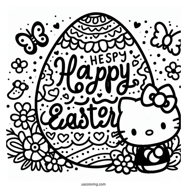 Happy Easter Word Over Hello Kitty And Easter Coloring Page Of Egg For Preschoolers