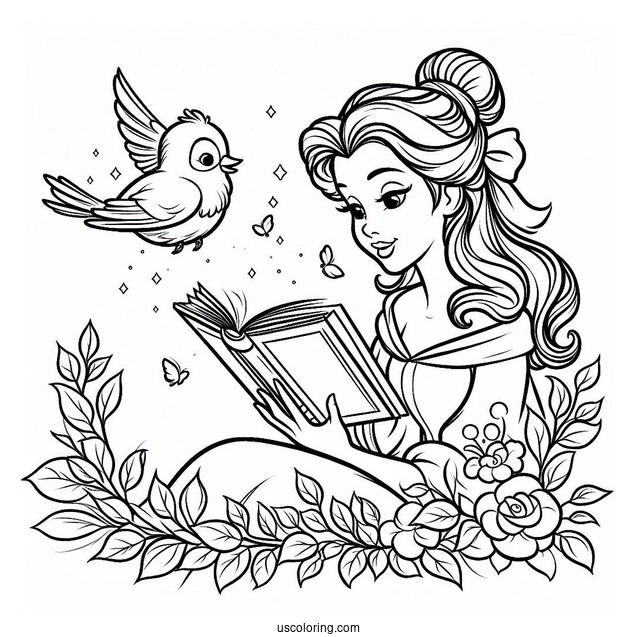 Coloring Sheet Of Belle Reading a Book With Bird