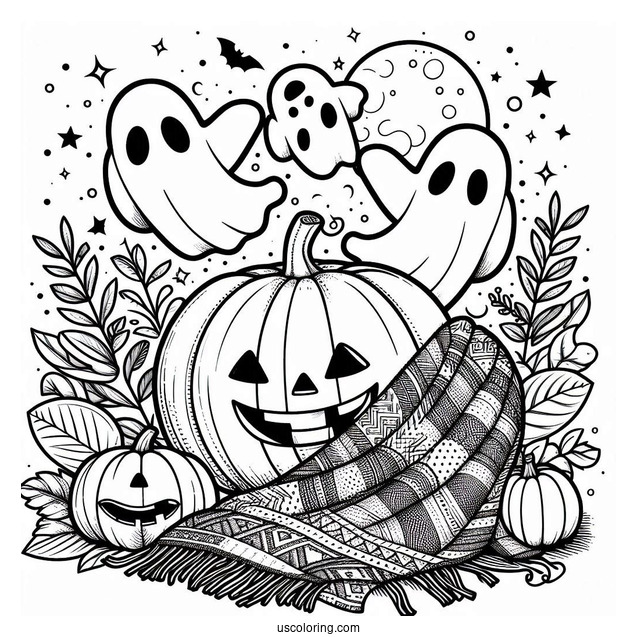Pumpkin Coloring Page Of Blanket Ghosts Hovering Above Jack O Lanterns For Kids