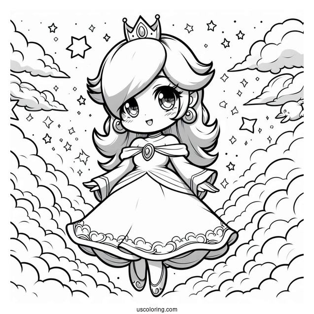 Chibi Princess Rosalina In The Sky With Lumas Coloring Sheet