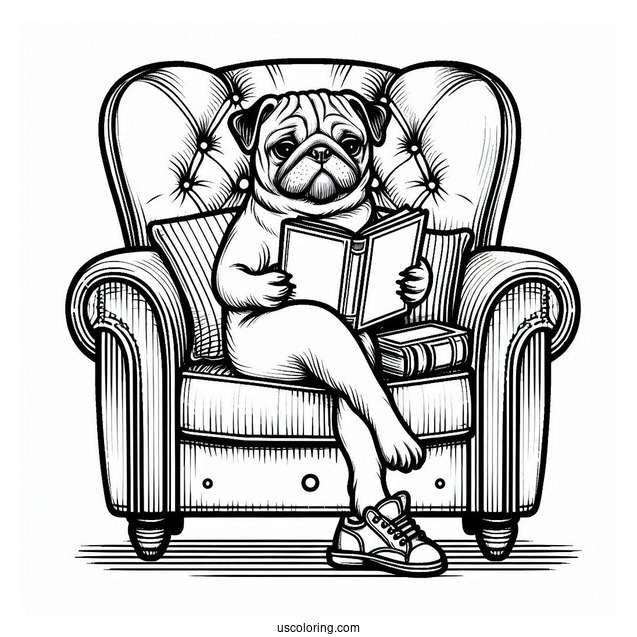 Pug Coloring Page Reading a Book in Armchair