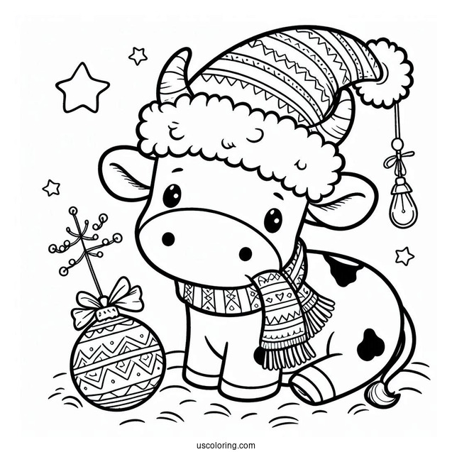Christmas Themed Cow Coloring Page