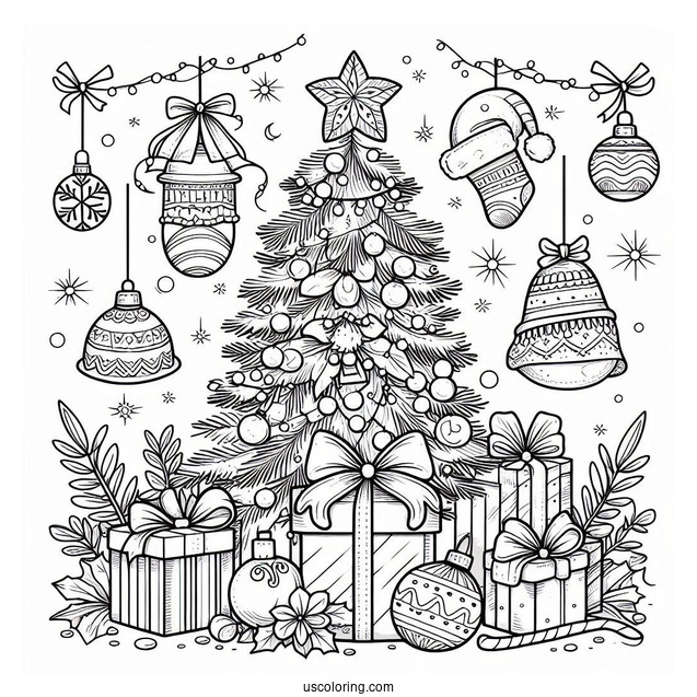 Christmas Tree With Presents And Ornaments To Color
