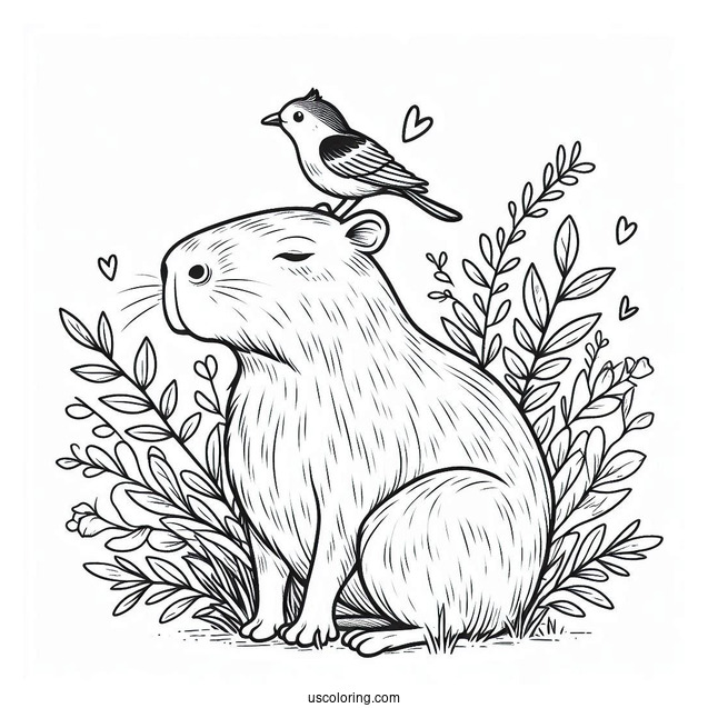 Capybara Coloring Page With Bird On Its Head