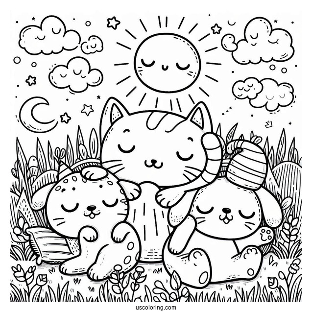 Smiling Critters Coloring Page Of CatNap And DogDay With Arms Hooked On A Field